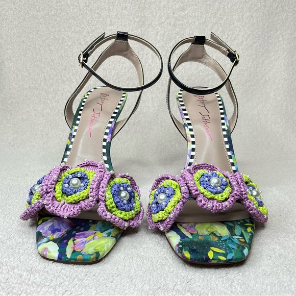 Betsey Johnson Ainsleyy Macrame Flower Sandal Heels-Womens 9-Pink/Green/Blue/Blk - Picture 9 of 14